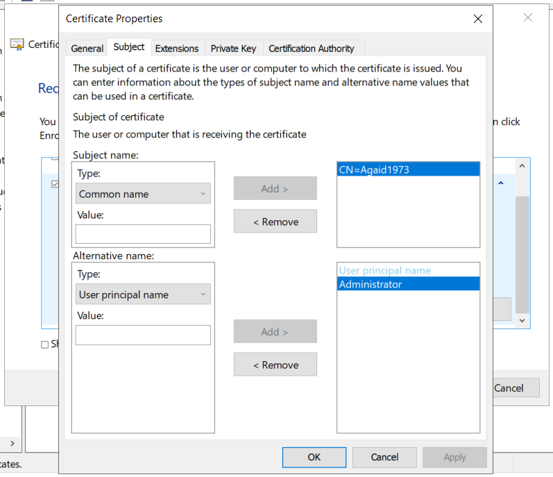 Enter the low privileged user's CN as the Subject and the high privileged user's user principal name (UPN) as the alternative name