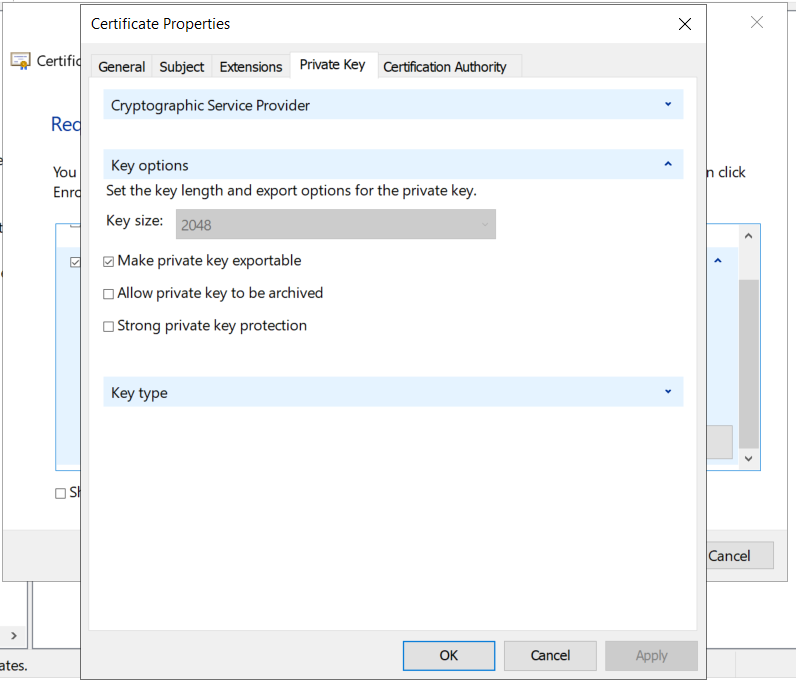 Make the private key of the certificate exportable (set by default)