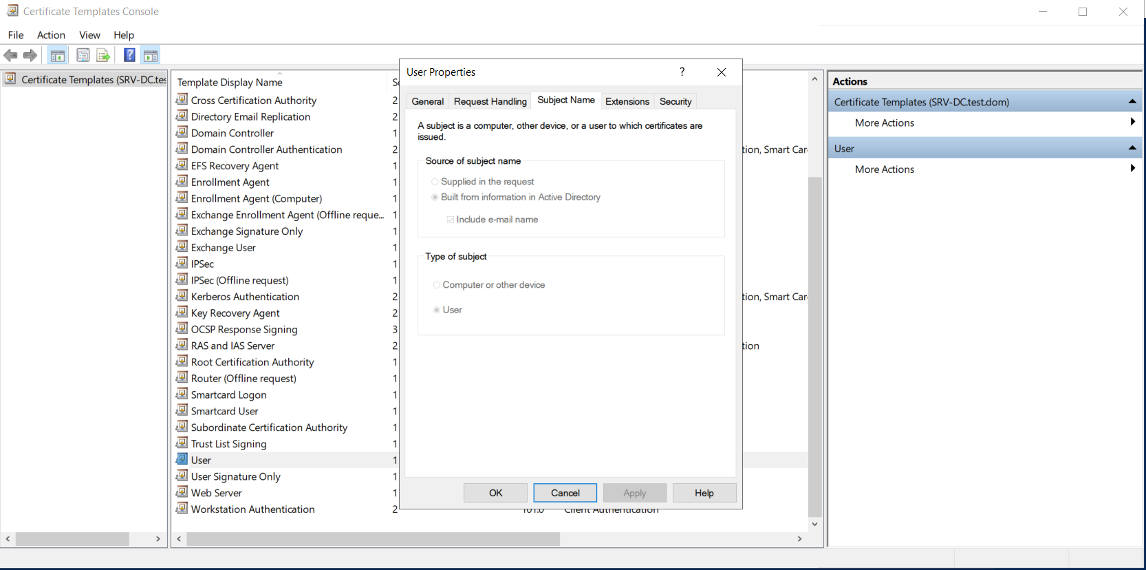 Configuration for the default User certificate template