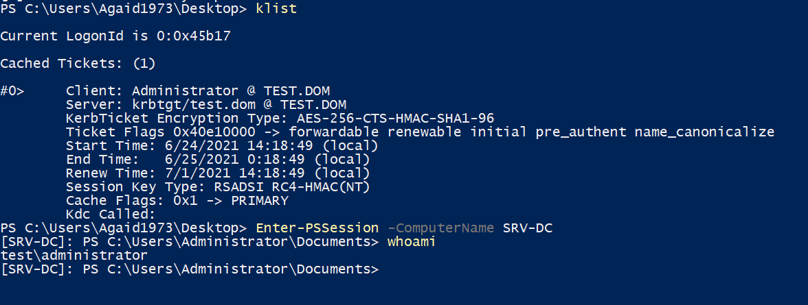 With the Administrator's TGT, it is possible to enter a Powershell session on the domain controller